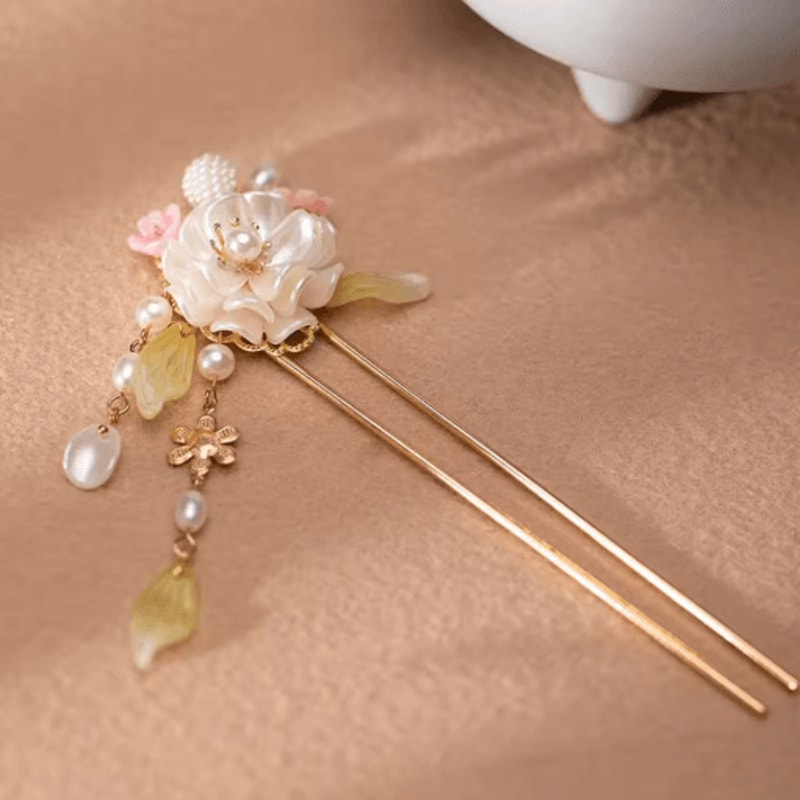 U Shaped Hair Sticks Forks White Pink Flower Pearl Hair Jewelry In New Chinese Style 9