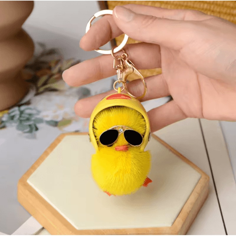 Cute Fluffy Duck Keychain Plush Little Duck With Helmet And Sunglasses Bag Pendant 1