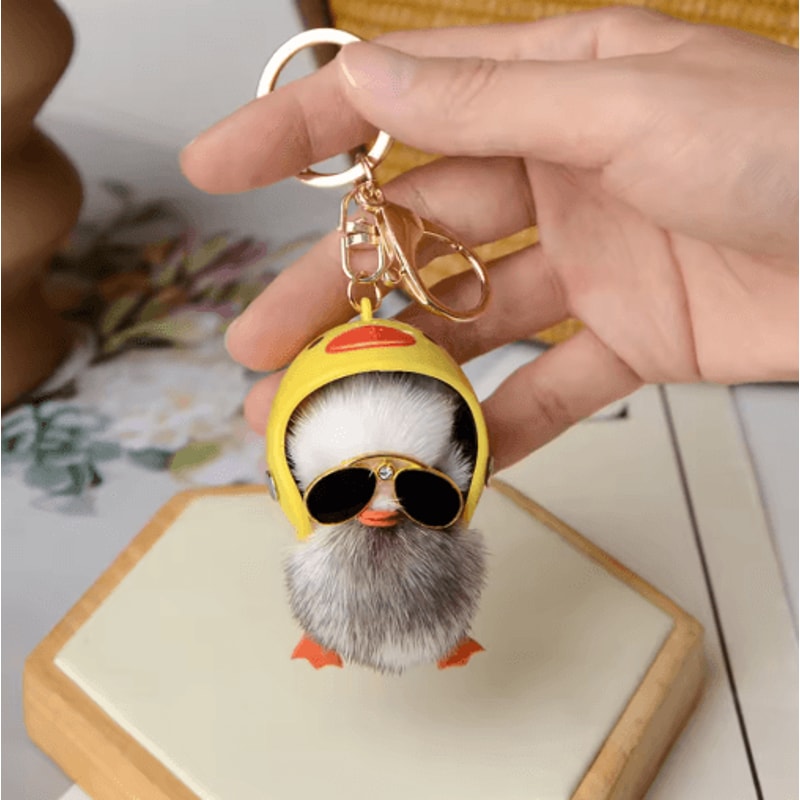 Cute Fluffy Duck Keychain Plush Little Duck With Helmet And Sunglasses Bag Pendant 2