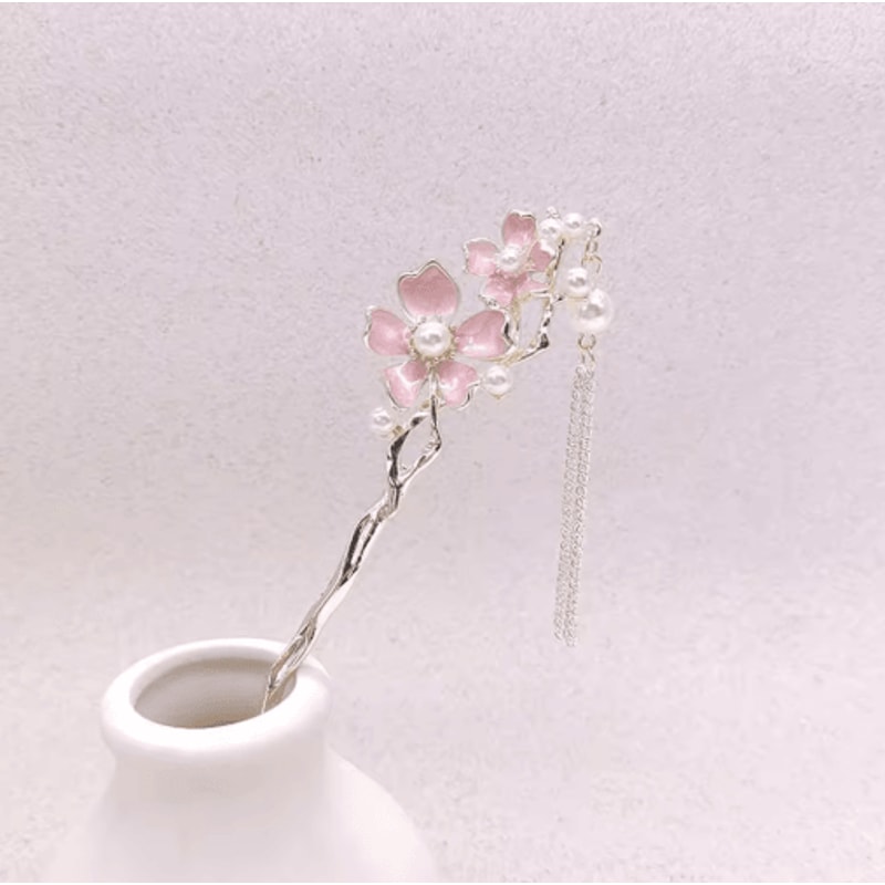 Retro Chinese Style Hair Sticks Forks Pink Flower Alloy Hairpins With Pearl Chain Tassel 1