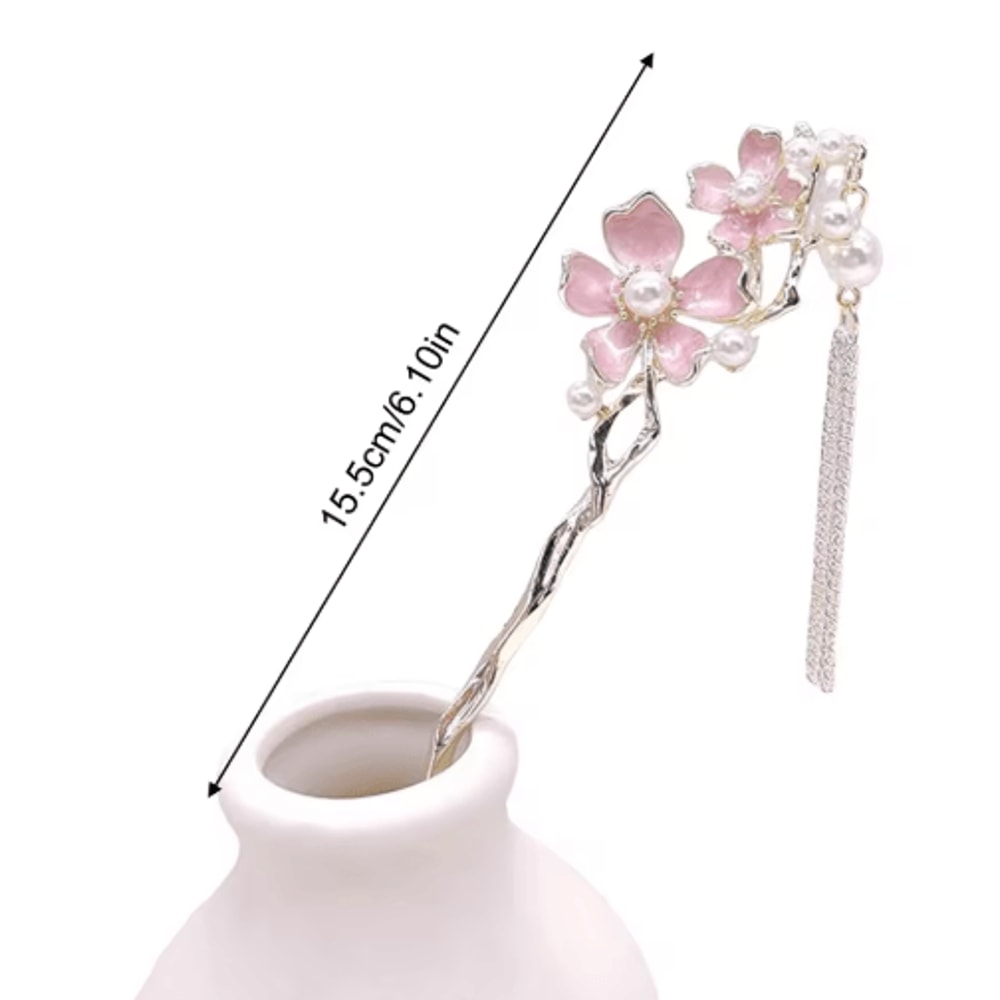 Retro Chinese Style Hair Sticks Forks Pink Flower Alloy Hairpins With Pearl Chain Tassel 2