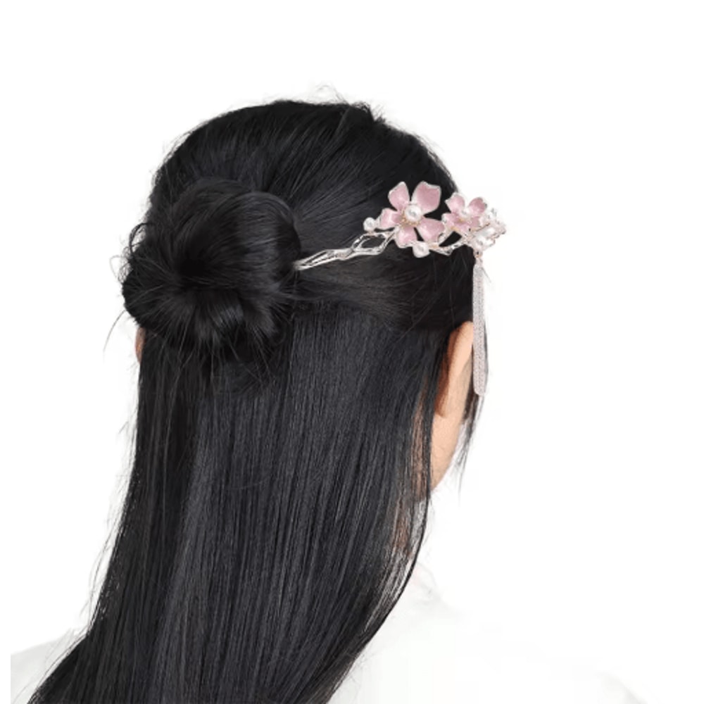 Retro Chinese Style Hair Sticks Forks Pink Flower Alloy Hairpins With Pearl Chain Tassel 3