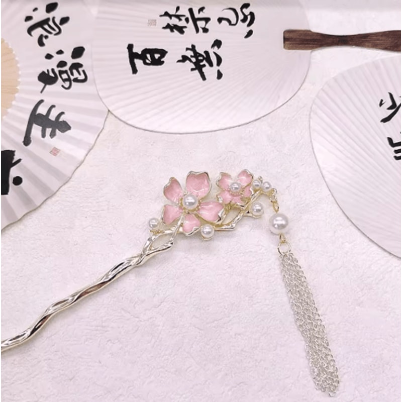 Retro Chinese Style Hair Sticks Forks Pink Flower Alloy Hairpins With Pearl Chain Tassel 4