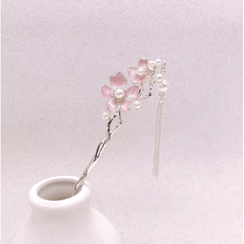 Retro Chinese Style Hair Sticks Forks Pink Flower Alloy Hairpins With Pearl Chain Tassel 5