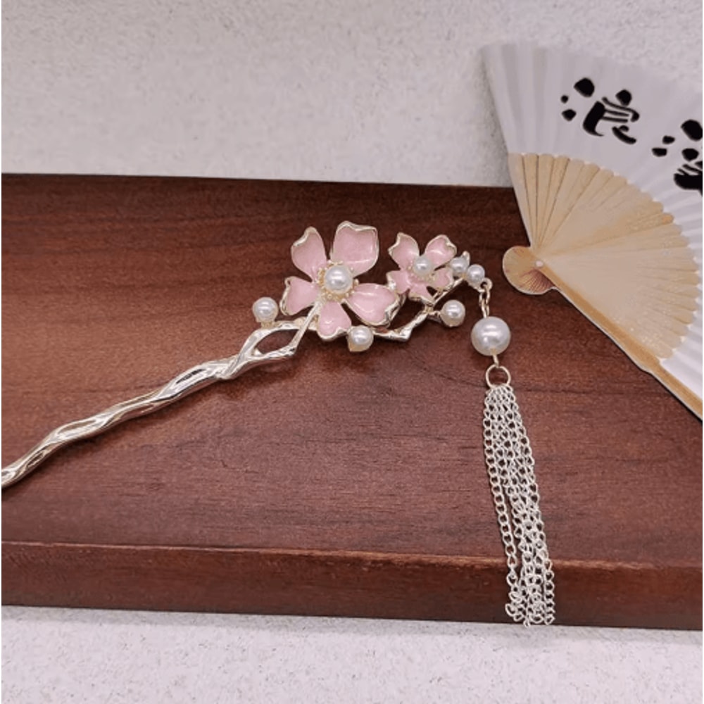 Retro Chinese Style Hair Sticks Forks Pink Flower Alloy Hairpins With Pearl Chain Tassel 0