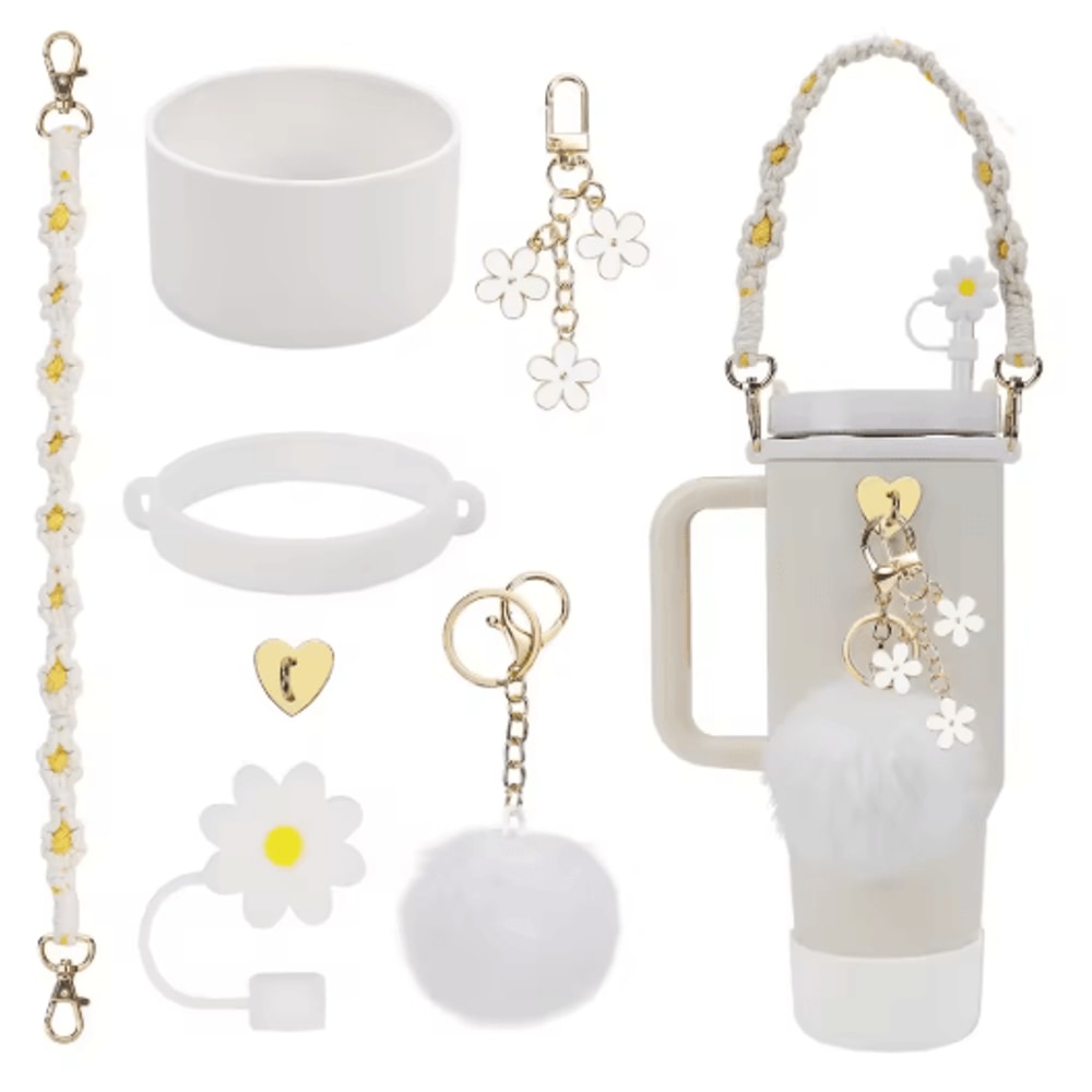 7PCS Stanley Cup Accessory Set Pink Flower Handle Strap Straw Cover And Decorative Charms 1