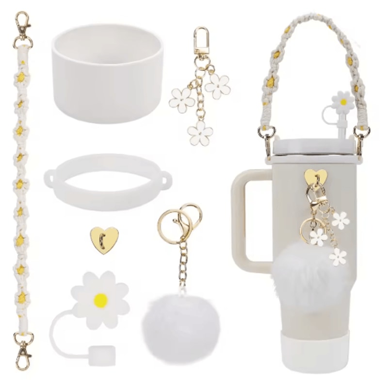 7PCS Stanley Cup Accessory Set Pink Flower Handle Strap Straw Cover And Decorative Charms 1