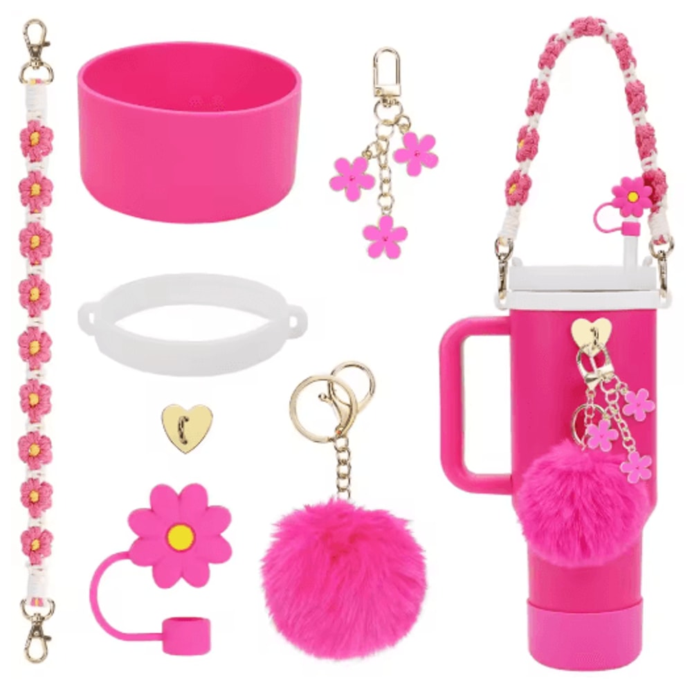7PCS Stanley Cup Accessory Set Pink Flower Handle Strap Straw Cover And Decorative Charms 10