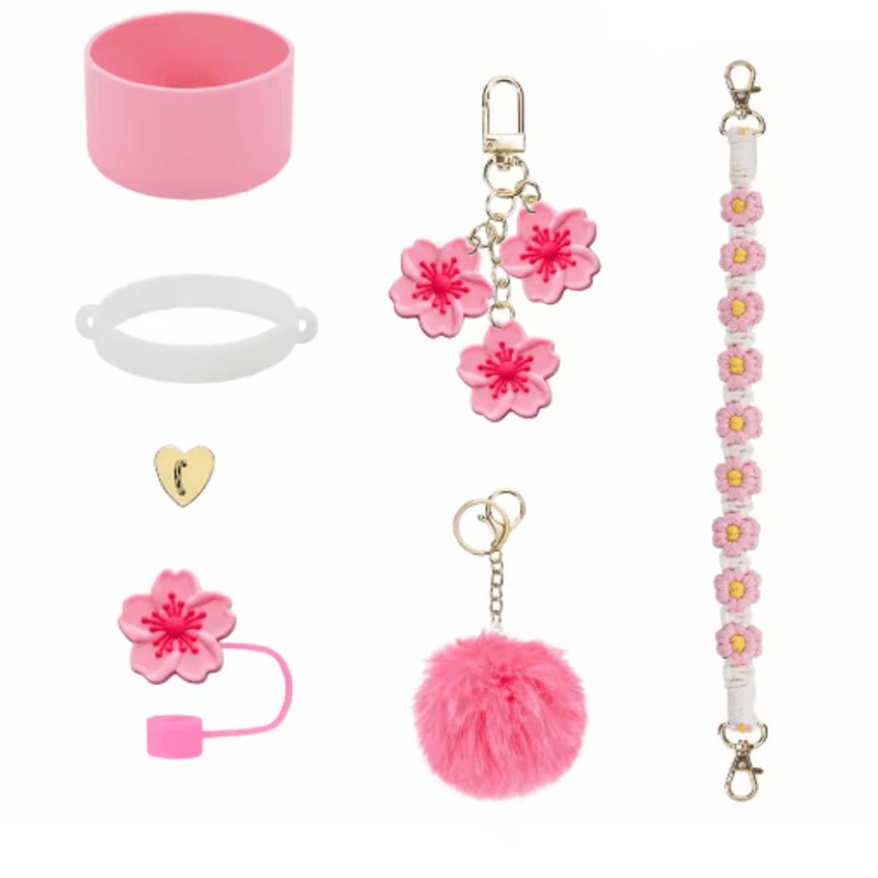7PCS Stanley Cup Accessory Set Pink Flower Handle Strap Straw Cover And Decorative Charms 11