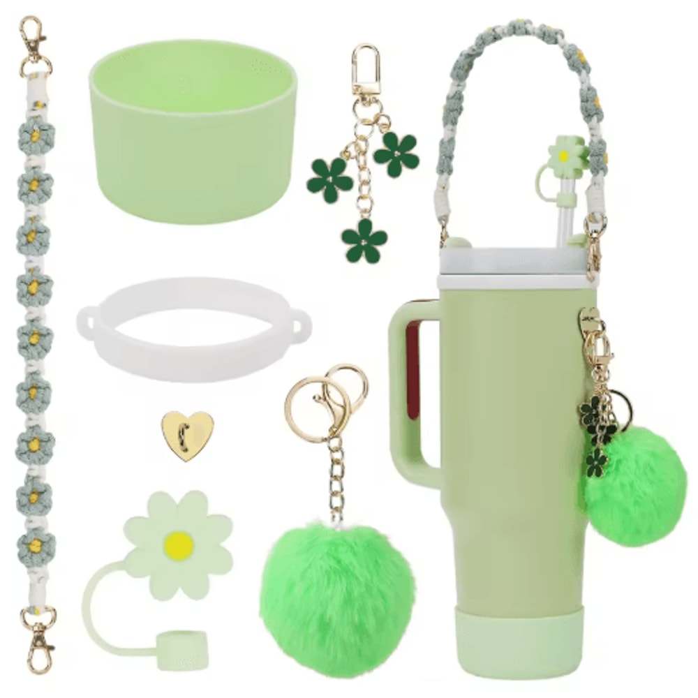 7PCS Stanley Cup Accessory Set Pink Flower Handle Strap Straw Cover And Decorative Charms 12