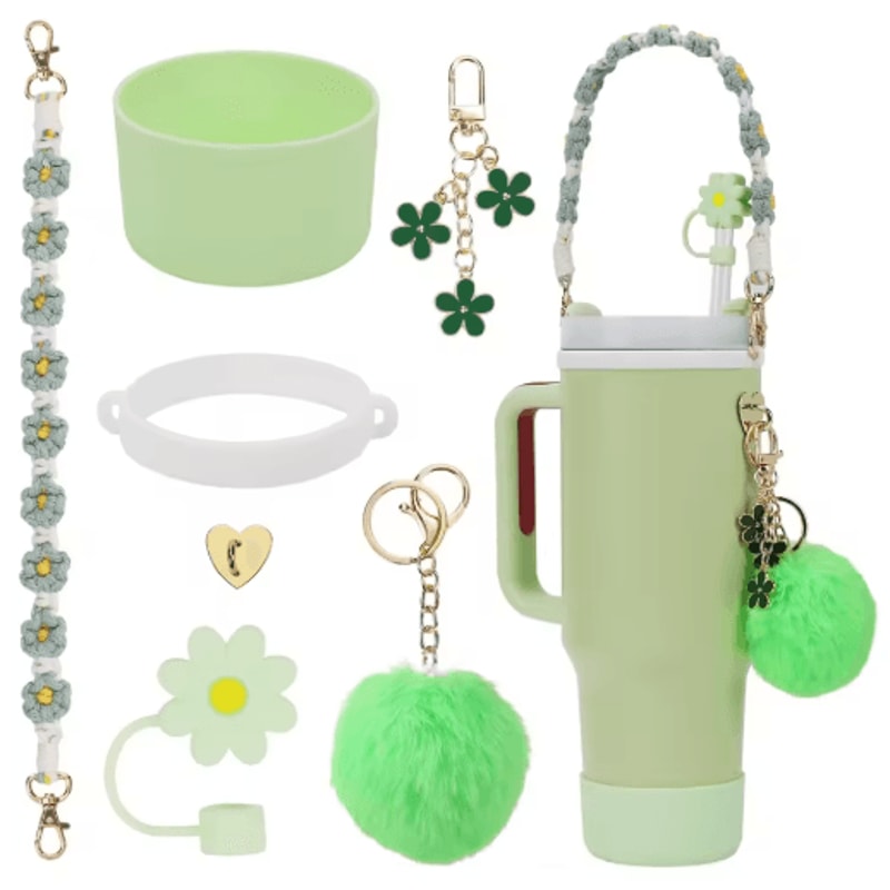 7PCS Stanley Cup Accessory Set Pink Flower Handle Strap Straw Cover And Decorative Charms 12
