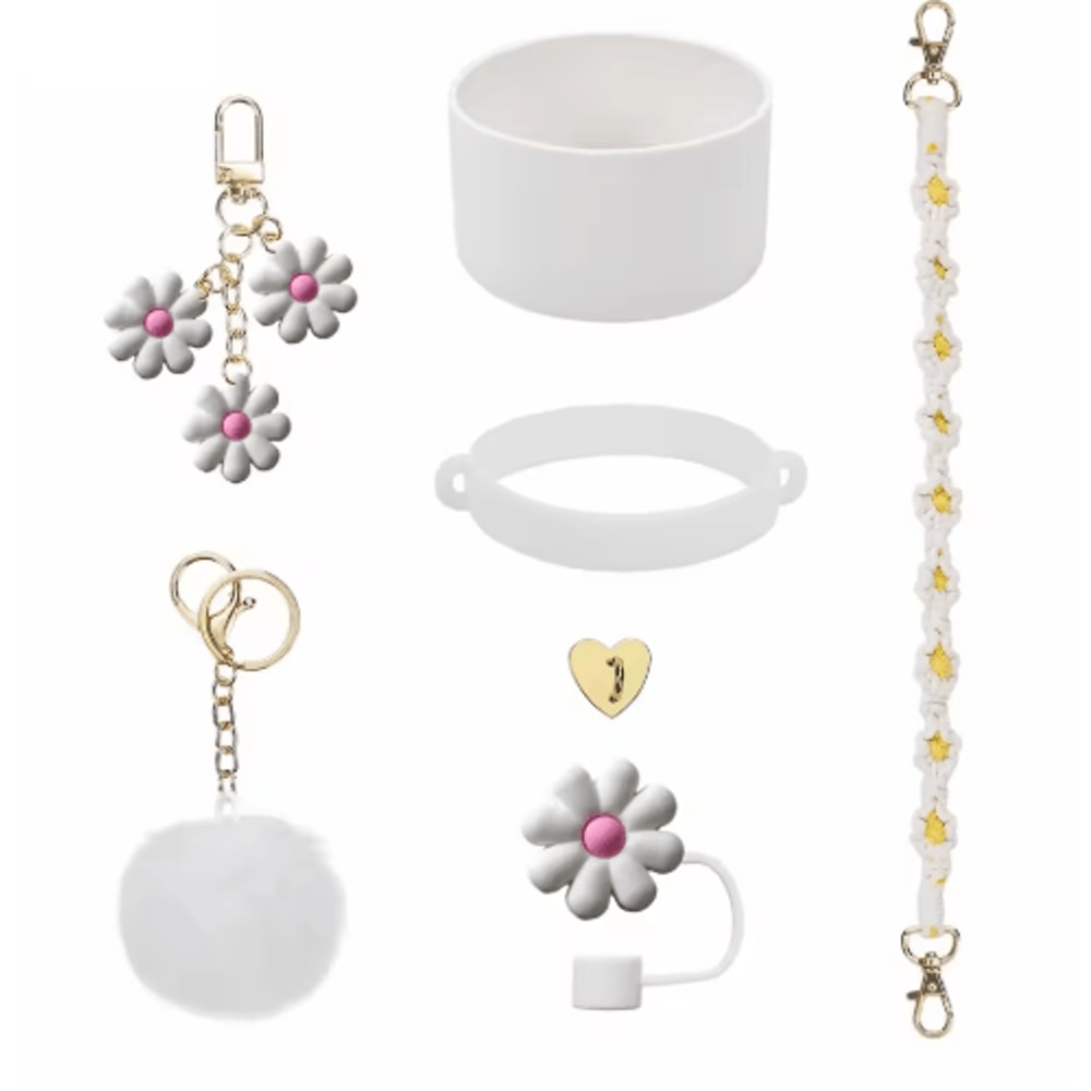 7PCS Stanley Cup Accessory Set Pink Flower Handle Strap Straw Cover And Decorative Charms 13