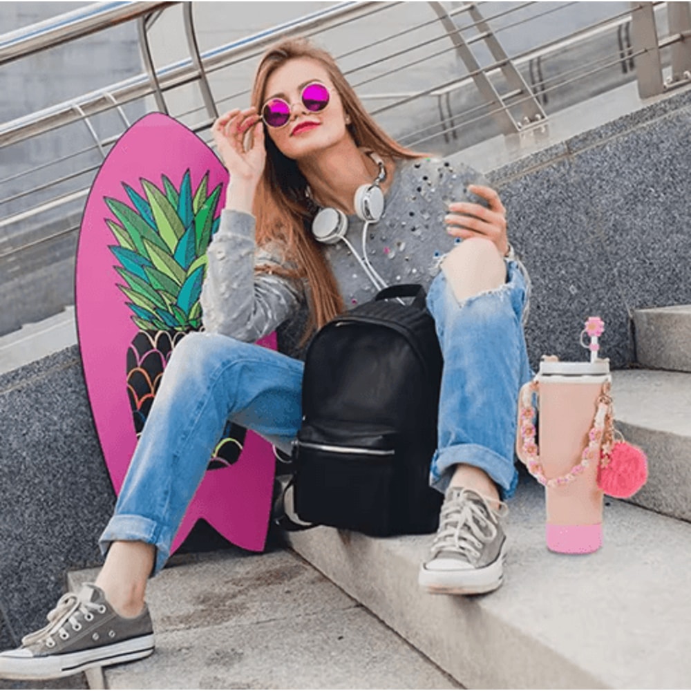 7PCS Stanley Cup Accessory Set Pink Flower Handle Strap Straw Cover And Decorative Charms 0