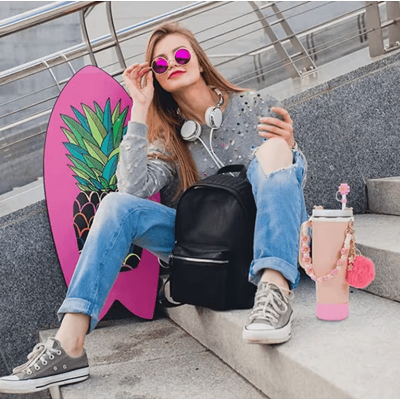 7PCS Stanley Cup Accessory Set Pink Flower Handle Strap Straw Cover And Decorative Charms 0