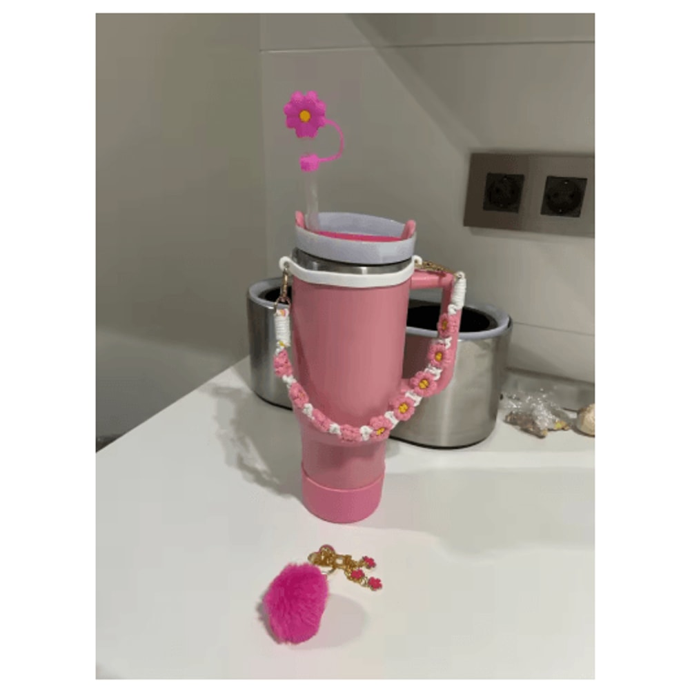 7PCS Stanley Cup Accessory Set Pink Flower Handle Strap Straw Cover And Decorative Charms 16
