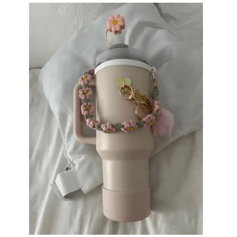 7PCS Stanley Cup Accessory Set Pink Flower Handle Strap Straw Cover And Decorative Charms 17