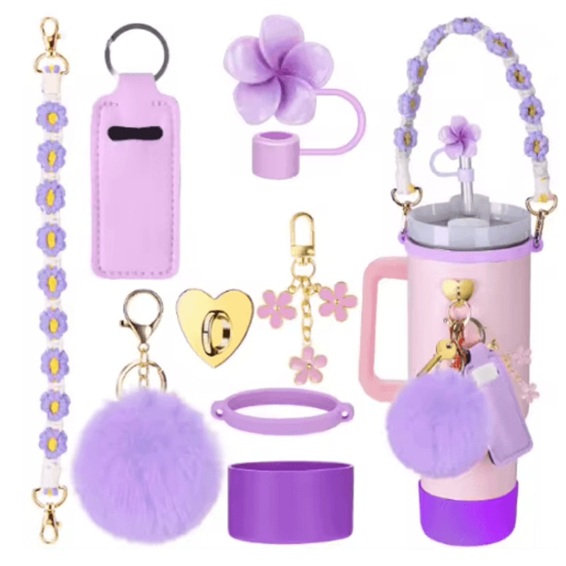 7PCS Stanley Cup Accessory Set Pink Flower Handle Strap Straw Cover And Decorative Charms 3