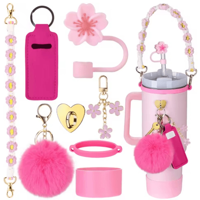 7PCS Stanley Cup Accessory Set Pink Flower Handle Strap Straw Cover And Decorative Charms 4