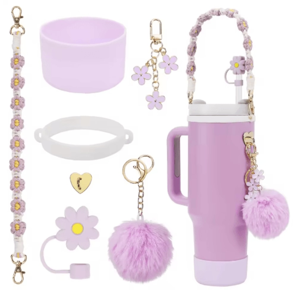 7PCS Stanley Cup Accessory Set Pink Flower Handle Strap Straw Cover And Decorative Charms 6