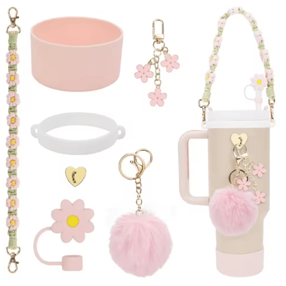 7PCS Stanley Cup Accessory Set Pink Flower Handle Strap Straw Cover And Decorative Charms 7