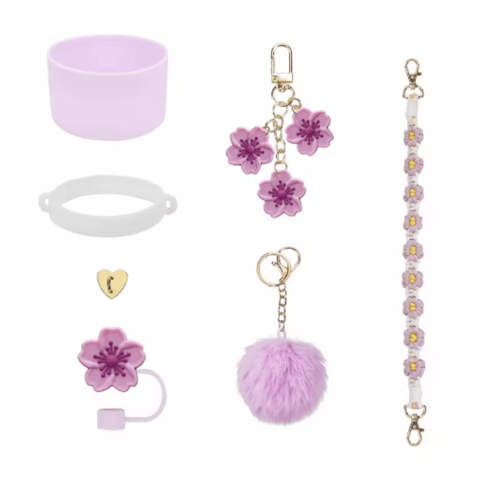 7PCS Stanley Cup Accessory Set Pink Flower Handle Strap Straw Cover And Decorative Charms 8