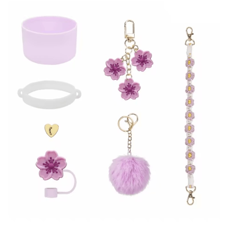 7PCS Stanley Cup Accessory Set Pink Flower Handle Strap Straw Cover And Decorative Charms 8