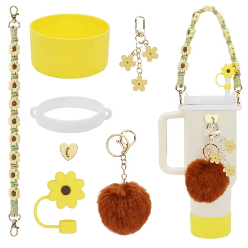7PCS Stanley Cup Accessory Set Pink Flower Handle Strap Straw Cover And Decorative Charms 9