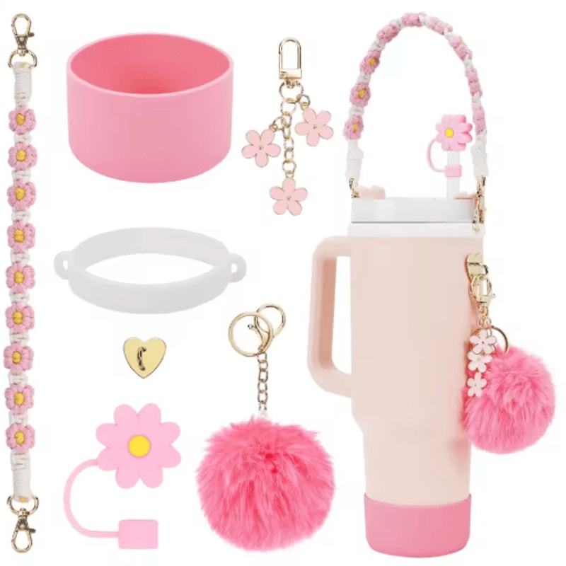 7PCS Stanley Cup Accessory Set Pink Flower Handle Strap Straw Cover And Decorative Charms 19