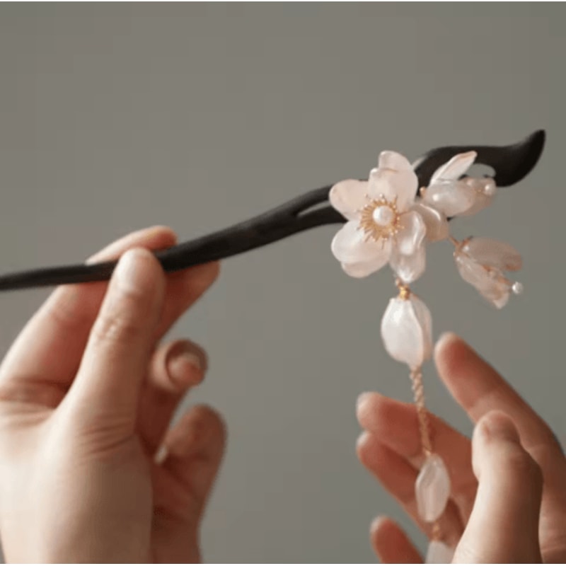 Pink Flower Hair Pin Retro Chinese Style Wooden Hair Sticks With Pendant For Hanfu 7