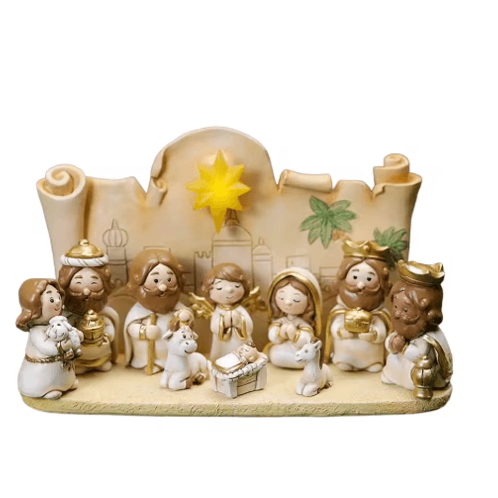 Cartoon Christmas Nativity Scene Figurines Hand Painted Resin Holiday Decor Set 4
