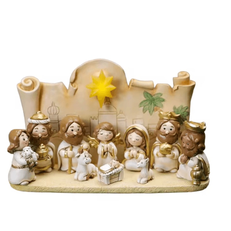 Cartoon Christmas Nativity Scene Figurines Hand Painted Resin Holiday Decor Set 4
