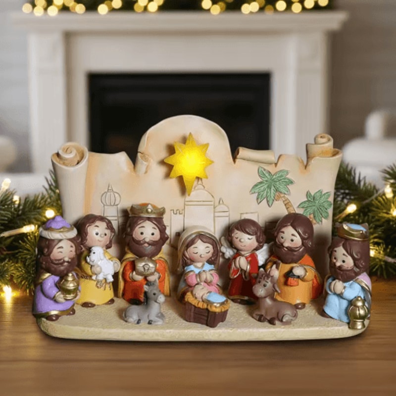 Cartoon Christmas Nativity Scene Figurines Hand Painted Resin Holiday Decor Set 9