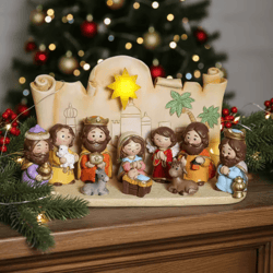 cartoon christmas nativity scene figurines hand painted resin holiday decor set