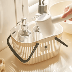 plastic organizer basket with handles stackable drainage storage bin for bathroom essentials