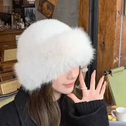 womens winter plush bucket hat thickened fluffy mongolian style warm cap for skiing and riding