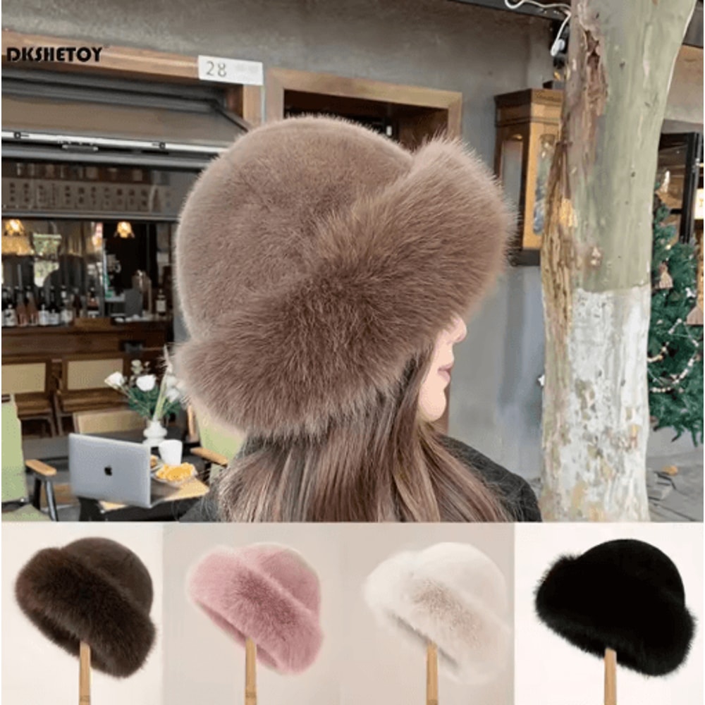 Womens Winter Plush Bucket Hat Thickened Fluffy Mongolian Style Warm Cap For Skiing And Riding 9