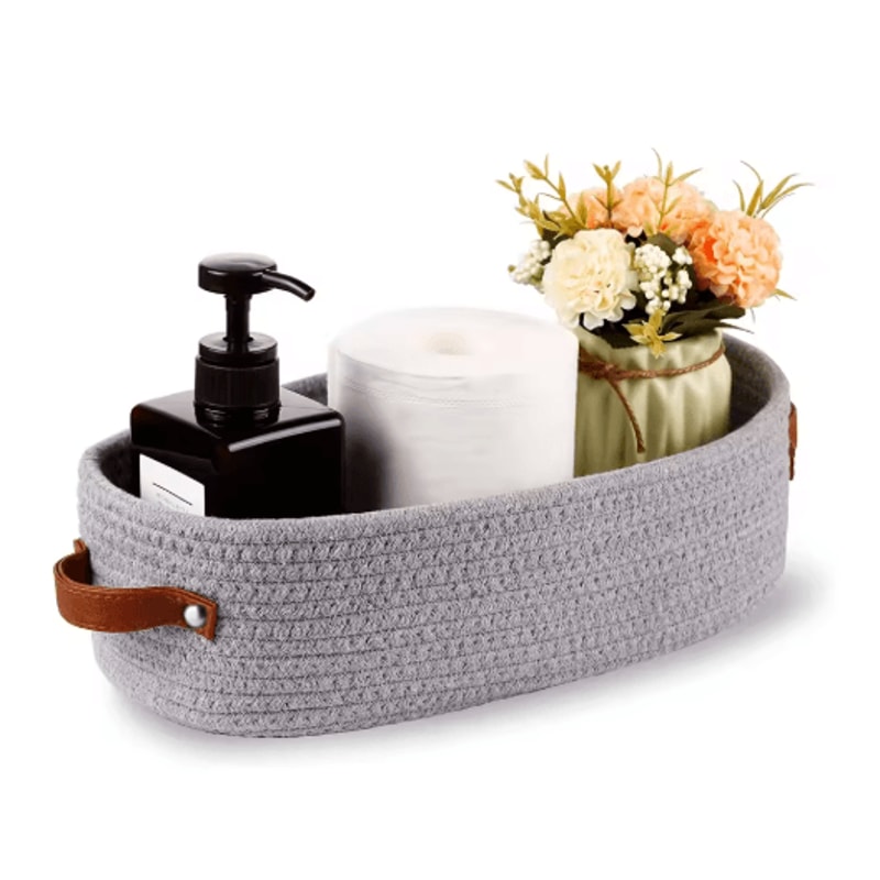 Elegant Oval Cotton Rope Storage Basket With Leather Handle Bathroom And Home Organizer 1