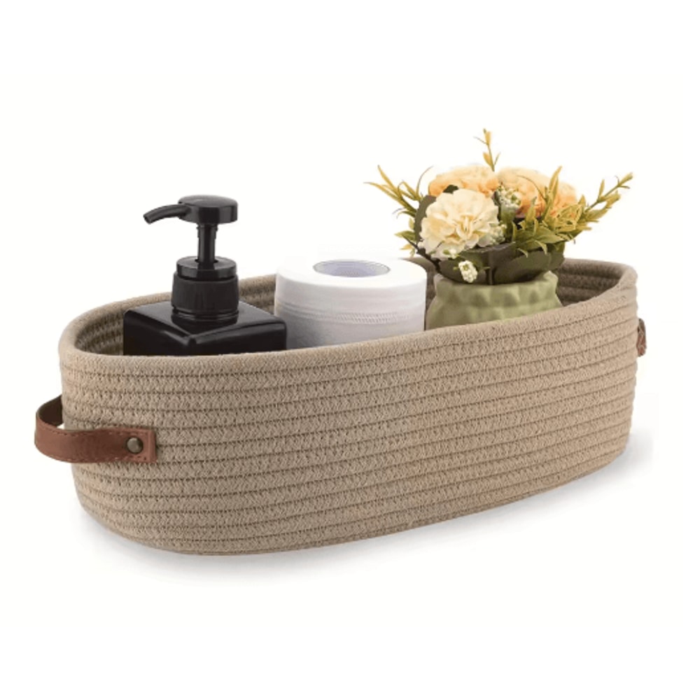 Elegant Oval Cotton Rope Storage Basket With Leather Handle Bathroom And Home Organizer 2