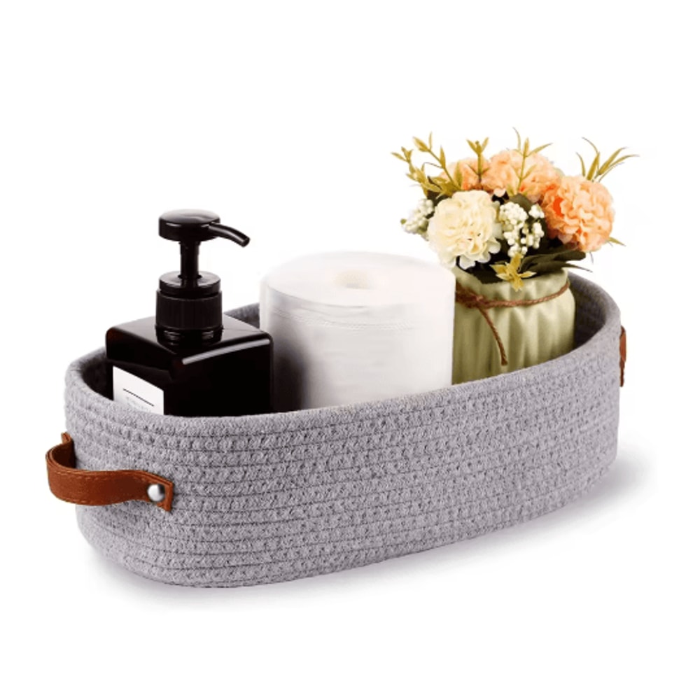 Elegant Oval Cotton Rope Storage Basket With Leather Handle Bathroom And Home Organizer 5