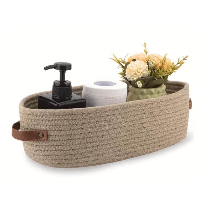 Elegant Oval Cotton Rope Storage Basket With Leather Handle Bathroom And Home Organizer 6