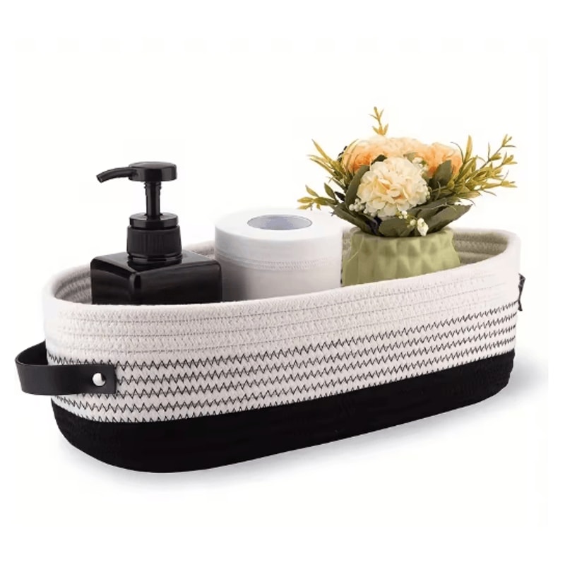 Elegant Oval Cotton Rope Storage Basket With Leather Handle Bathroom And Home Organizer 0