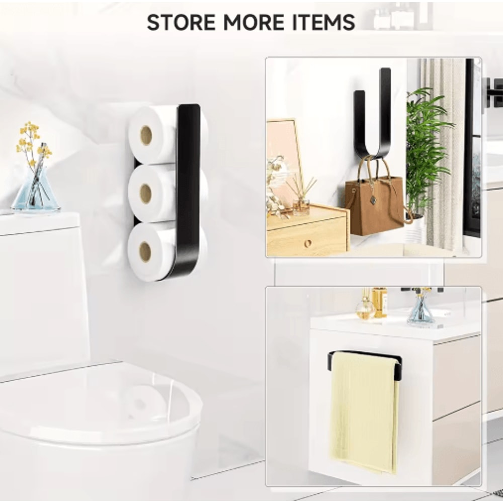 3 In 1 Wall Mounted Toilet Paper Holder Black Metal Rack With Towel Bar And Hooks 4