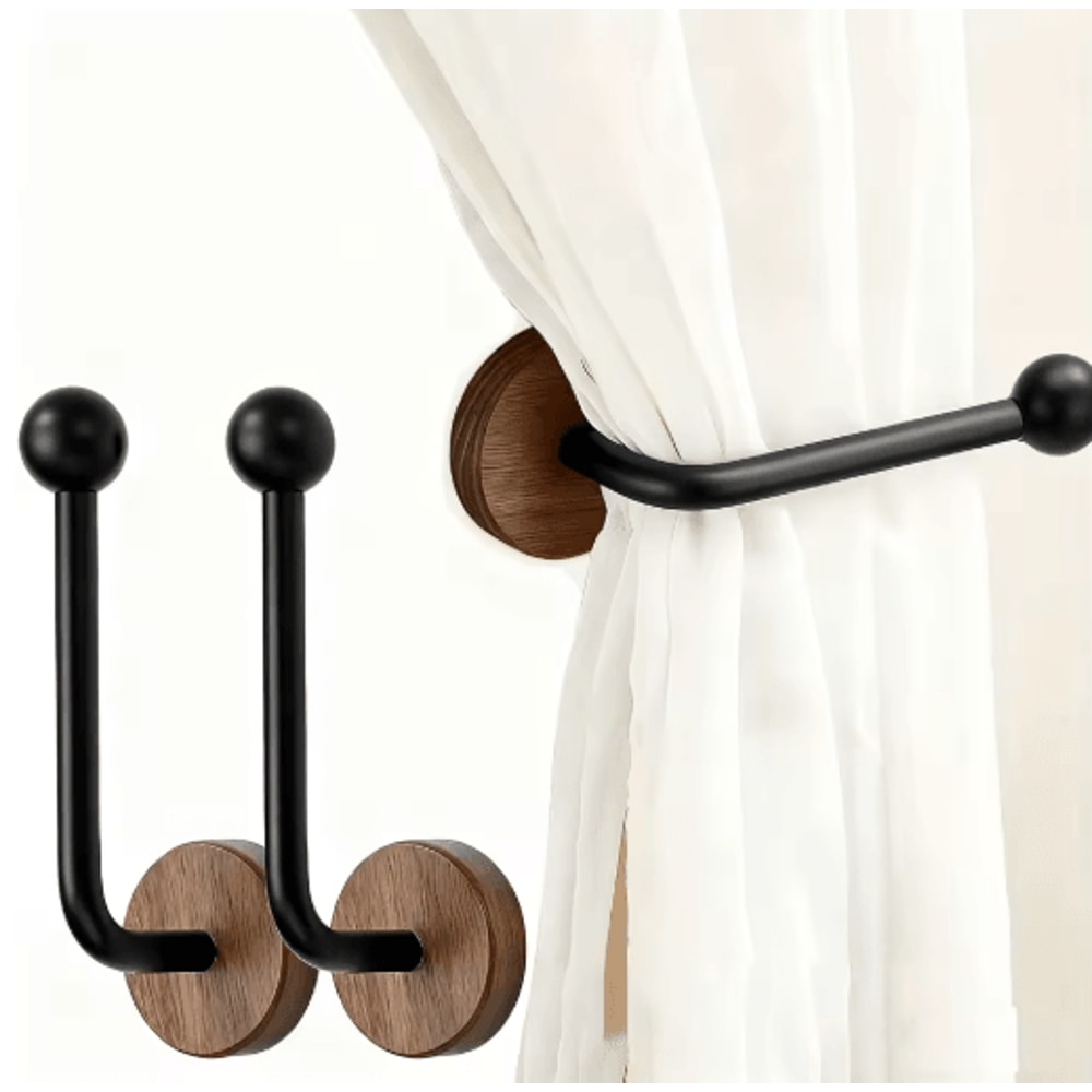 2 Pack Modern Adhesive Curtain Holdbacks No Drill Wall Mounted Tiebacks With Walnut Wood Base 1