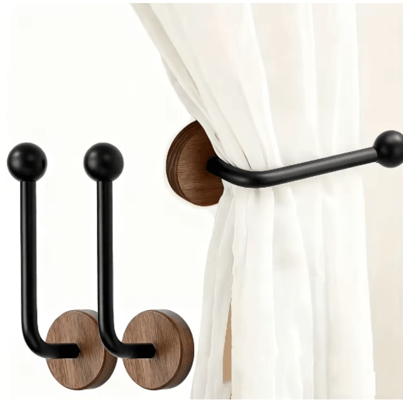 2 Pack Modern Adhesive Curtain Holdbacks No Drill Wall Mounted Tiebacks With Walnut Wood Base 1