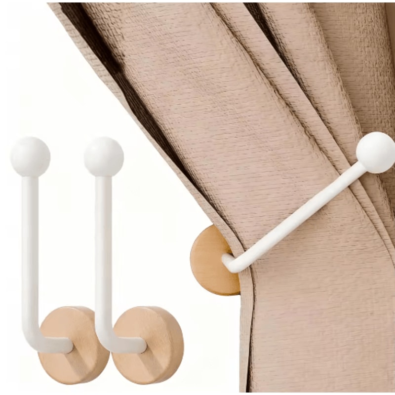 2 Pack Modern Adhesive Curtain Holdbacks No Drill Wall Mounted Tiebacks With Walnut Wood Base 2
