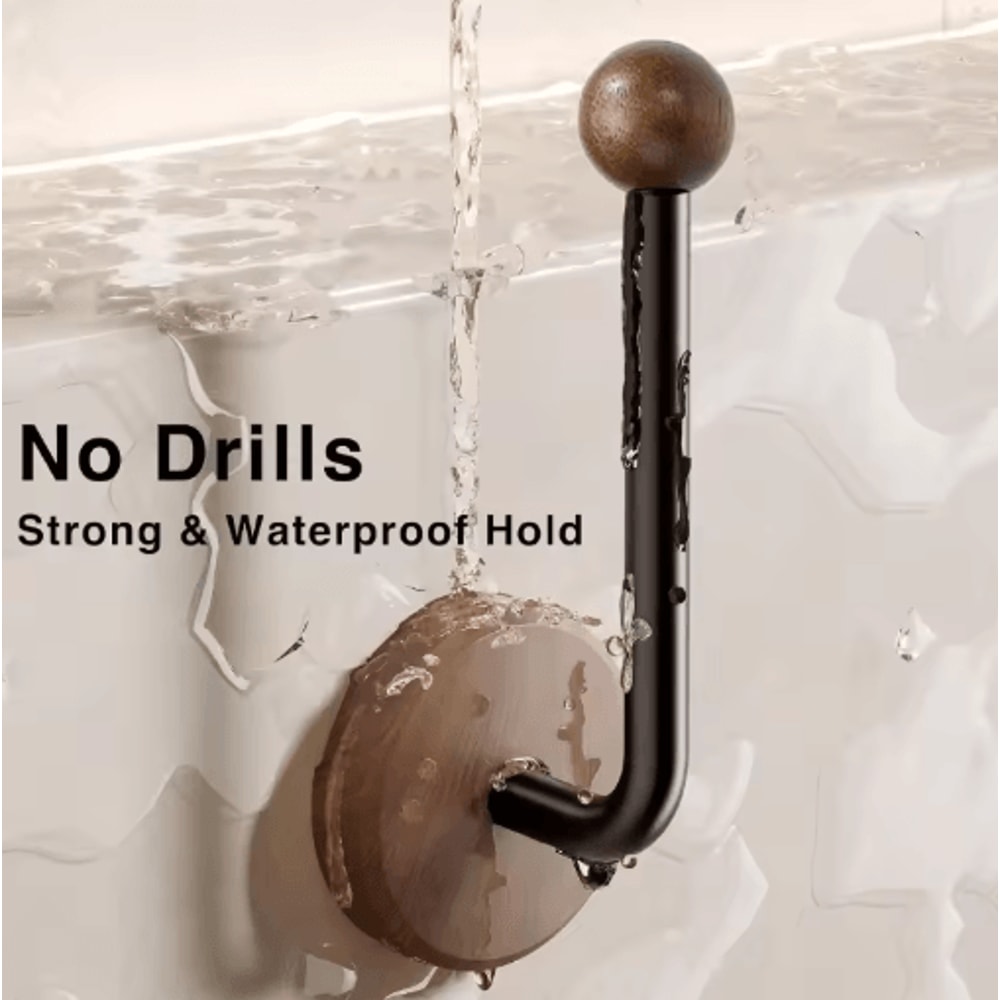 2 Pack Modern Adhesive Curtain Holdbacks No Drill Wall Mounted Tiebacks With Walnut Wood Base 4