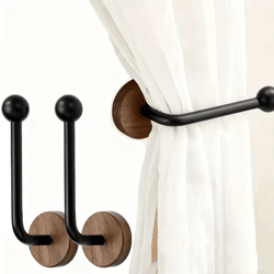 2 pack modern adhesive curtain holdbacks no drill wall mounted tiebacks with walnut wood base