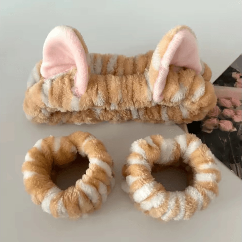 3pcs Cute Cat Ear Plush Headband Set Leopard Print Spa And Makeup Hair Bands With Wrist Straps 1