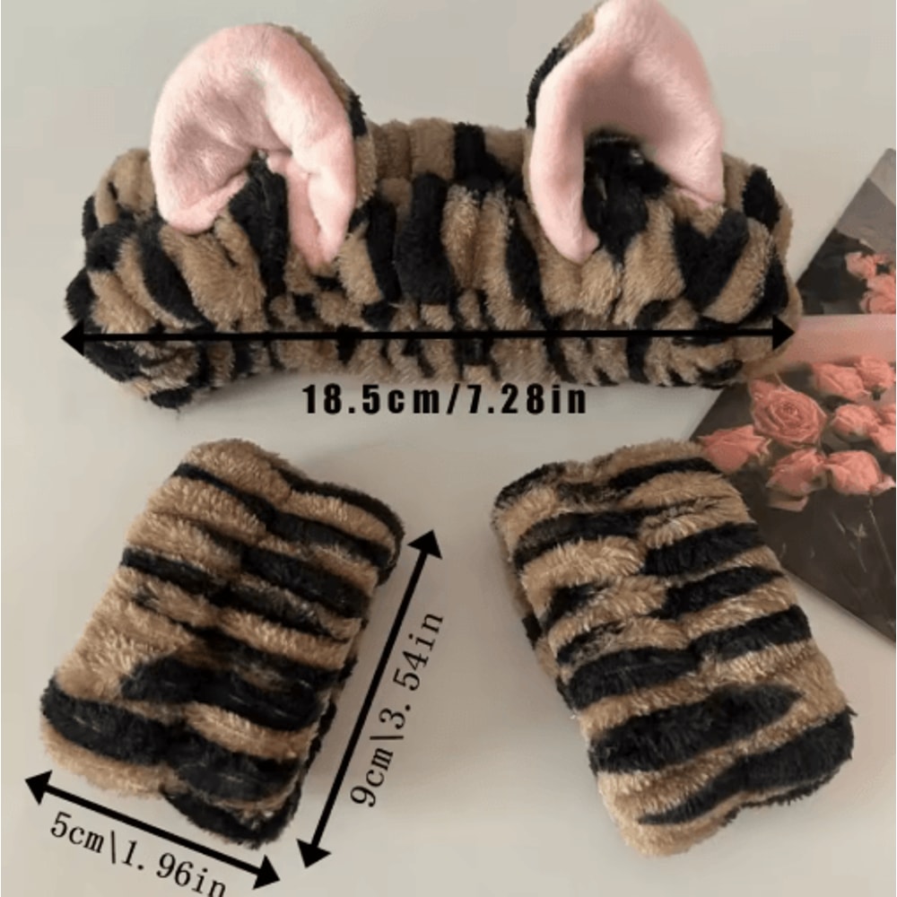 3pcs Cute Cat Ear Plush Headband Set Leopard Print Spa And Makeup Hair Bands With Wrist Straps 3