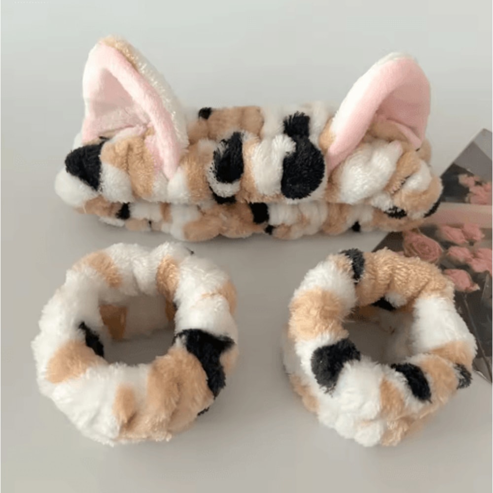 3pcs Cute Cat Ear Plush Headband Set Leopard Print Spa And Makeup Hair Bands With Wrist Straps 0